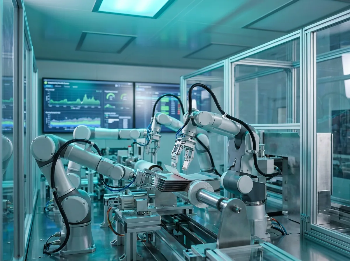 Automated lithium battery cell production line with robotic arms